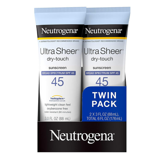 Neutrogena Ultra Sheer Dry-Touch Water Resistant and Non-Greasy Sunscreen Lotion with Broad Spectrum SPF 45, TSA-Compliant travel Size, 3 Fl Oz, Pack of 2,...