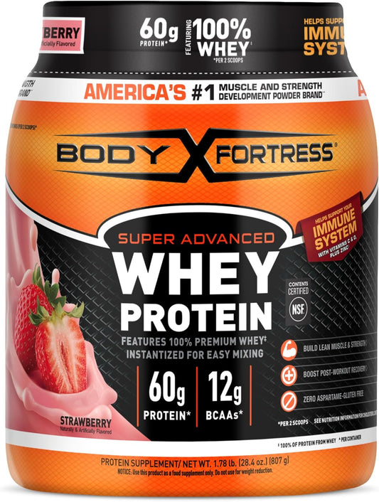 Body Fortress Super Advanced Whey Protein Powder, Strawberry, 60g Protein & 12g BCAAs Per 2 Scoops, Muscle Gain & Recovery, Immune Support with...