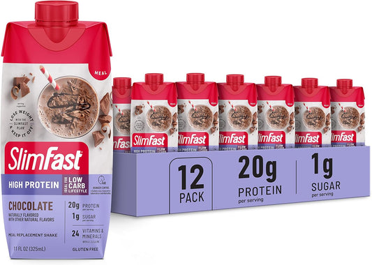 SlimFast Protein Shake, Chocolate- 20g Protein, Meal Replacement Shake Ready to Drink, High Protein with Low Carb and Low Sugar, 24 Vitamins and Minerals, 11 Fl Oz (Pack of 12)