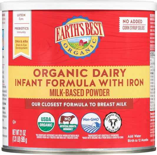 Earth's Best Organic Baby Formula for Babies 0-12 Months, Powdered Dairy Infant Formula with Iron, Omega-3 DHA, and Omega-6 ARA, 21 oz Formula Container