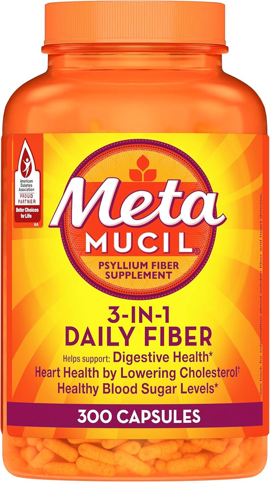 Metamucil 3-in-1 Fiber Capsules, Daily Fiber Supplement for Digestive Health, Plant-Based Psyllium Husk Fiber Capsules, #1 Doctor Recommended Fiber Brand, 300ct Capsules
