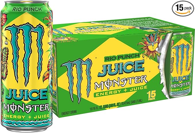 Monster Energy Juice Rio Punch, Energy + Juice, Energy Drink, 16 Ounce (Pack of 15)
