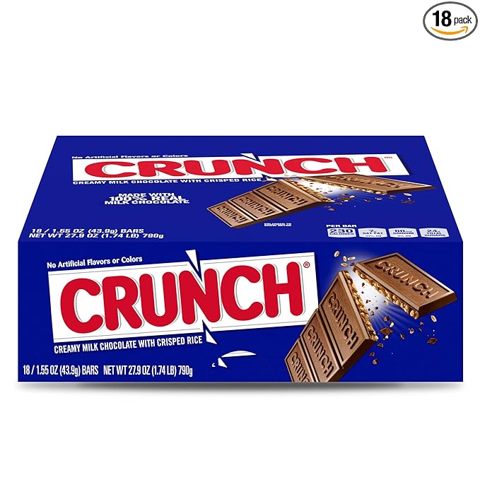 CRUNCH, Bulk 18 Pack, Milk Chocolate and Crisped Rice, Full Size Holiday Candy Bars, Stocking Stuffers, Individually Wrapped, 1.55 oz Each
