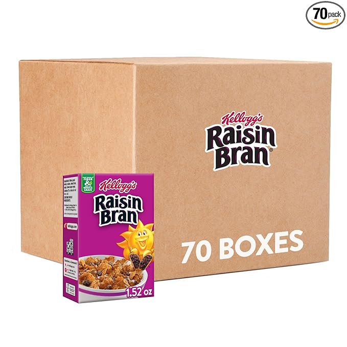 Kellogg's Raisin Bran Breakfast Cereal, Fiber Cereal, Made with Real Fruit, Original (70 boxes)