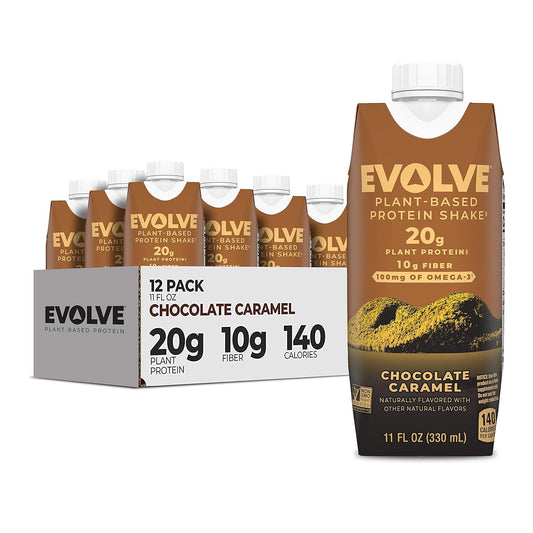 Evolve Plant Based Protein Shake, Chocolate Caramel, 20g Vegan Protein, Dairy Free, No Artificial Sweeteners, Non-GMO, 10g Fiber, 11oz, (12 Pack)