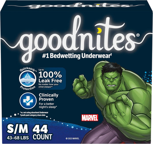 Goodnites Boys' Nighttime Bedwetting Underwear, Size S/M (43-68 lbs), 44 Ct (2 Packs of 22), Packaging May Vary