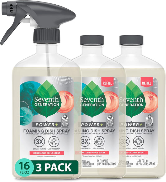Seventh Generation Foaming Dish Spray, Honey Crisp Apple, 16 Fl Oz (Pack of 3) with 1 Sprayhead