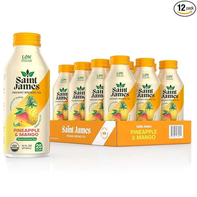 Saint James Iced Tea - Organic Green Tea - Non GMO, Gluten Free, Low Calorie & Low Sugar - Pineapple & Mango, 12 Pack (16 fl oz each)