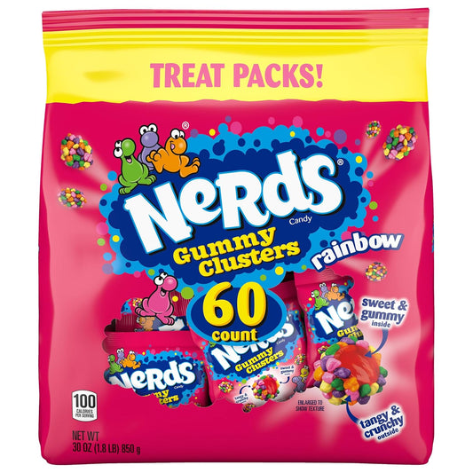 Nerds Gummy Clusters Candy, Rainbow, Individually Wrapped Treat Sized Packs, 30 oz (60 Count)