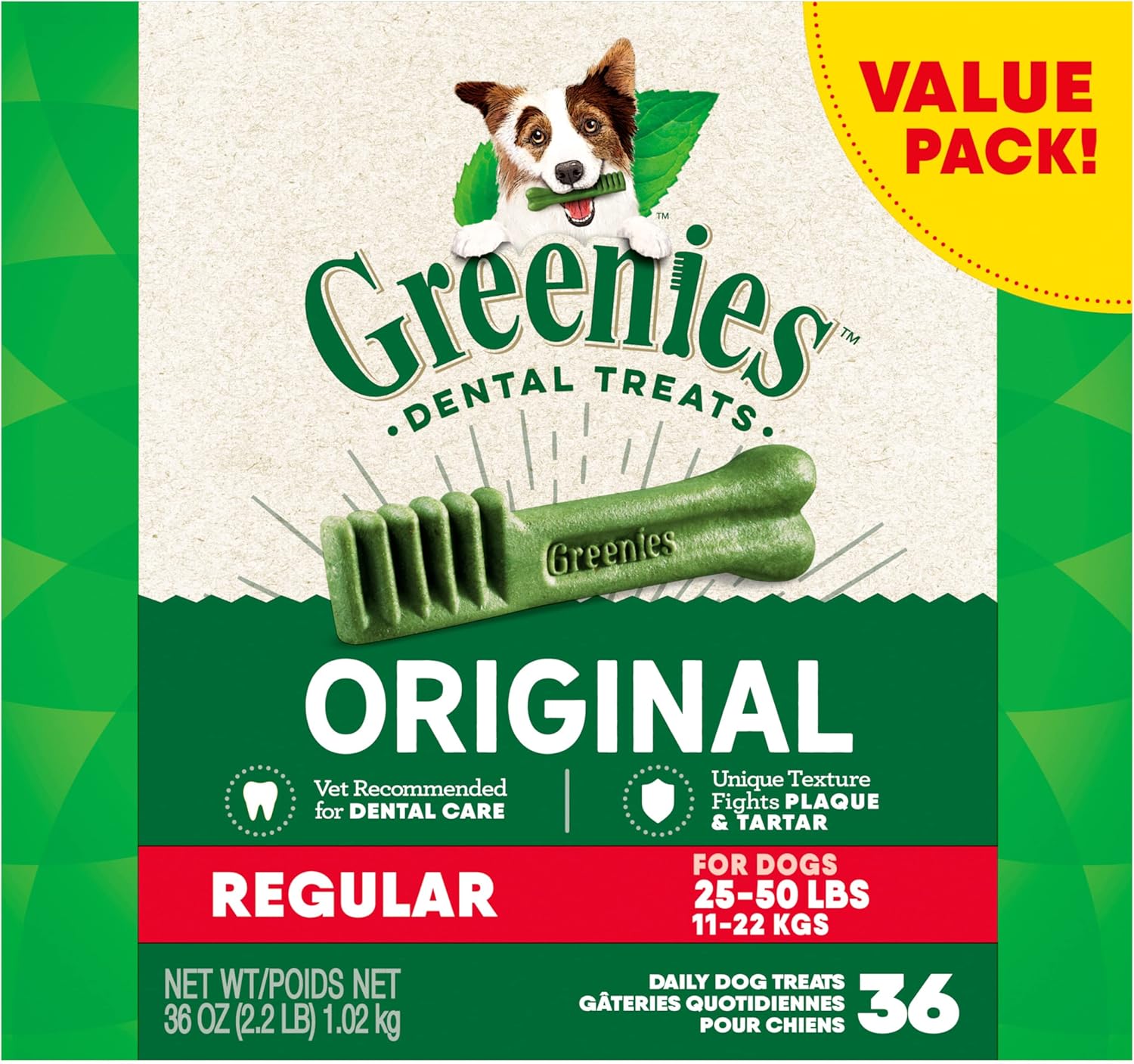 Greenies Original Regular Natural Dog Dental Care Chews Oral Health Dog Treats, 36 count (Pack of 1)