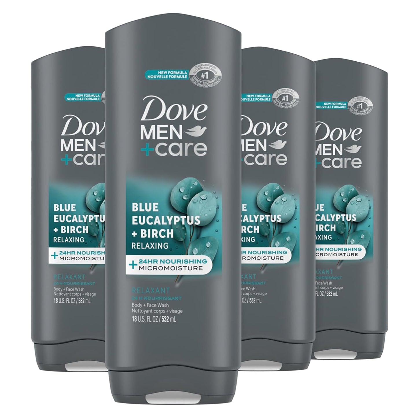 DOVE MEN + CARE Mens Body Wash Blue Eucalyptus and Birch 4 Count Dry Skin Body Wash with Micromoisture, Effectively Washes Away Bacteria While Nourishing...