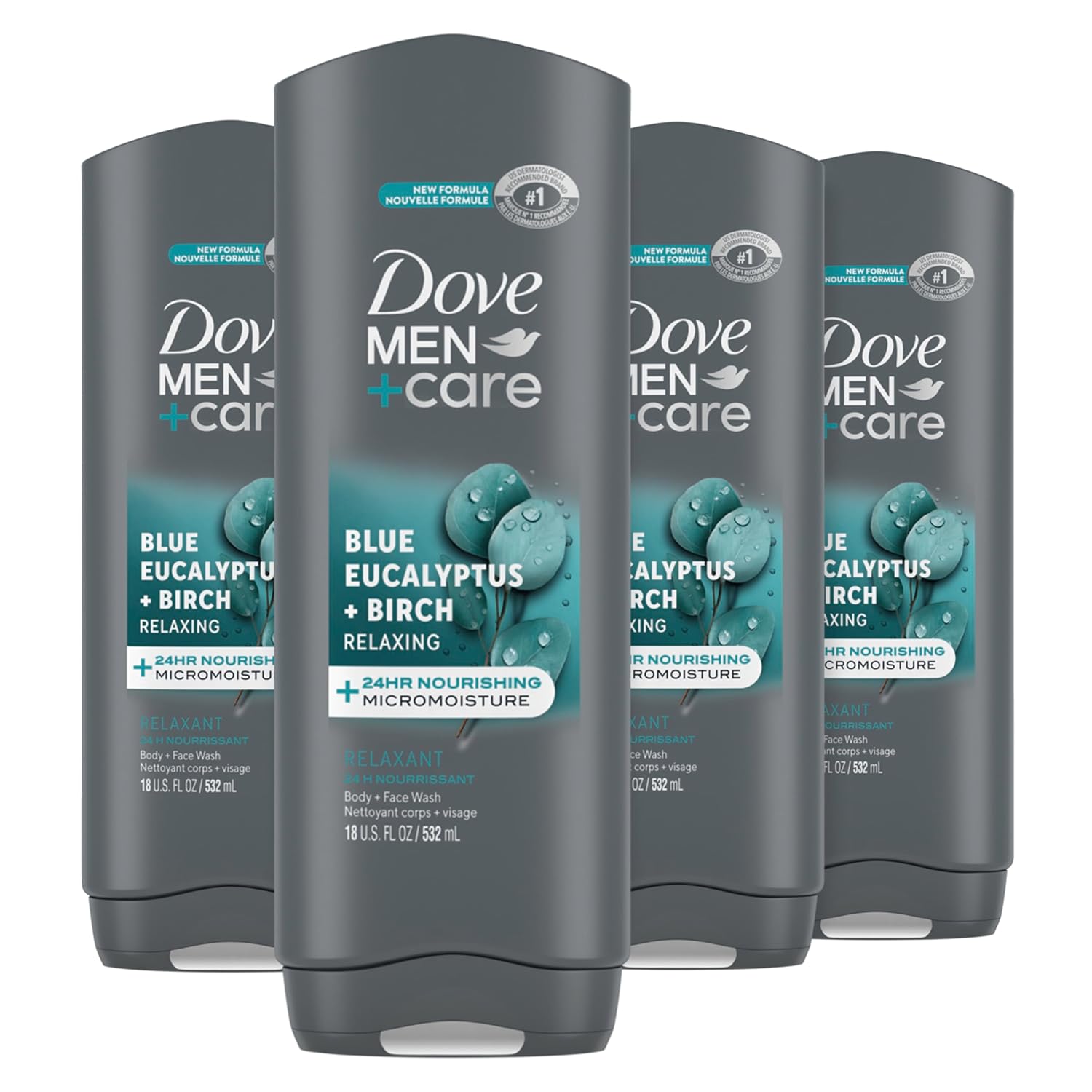 DOVE MEN + CARE Mens Body Wash Blue Eucalyptus and Birch 4 Count Dry Skin Body Wash with Micromoisture, Effectively Washes Away Bacteria While Nourishing...