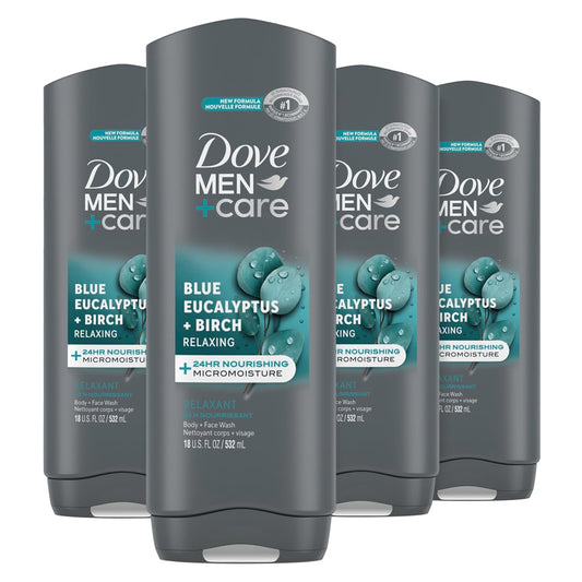 DOVE MEN + CARE Mens Body Wash Blue Eucalyptus and Birch 4 Count Dry Skin Body Wash with Micromoisture, Effectively Washes Away Bacteria While Nourishing...