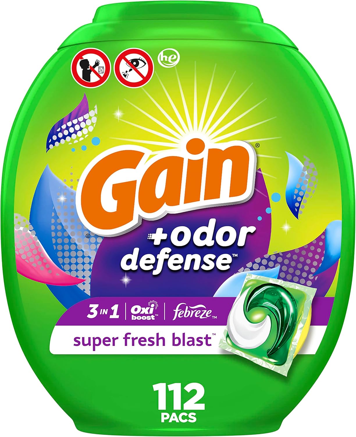 Gain Flings Laundry Detergent Soap Pacs with Odor Defense, Super Fresh Scent, 112 Count, 3 in 1 Laundry Pods with Febreze and Oxi