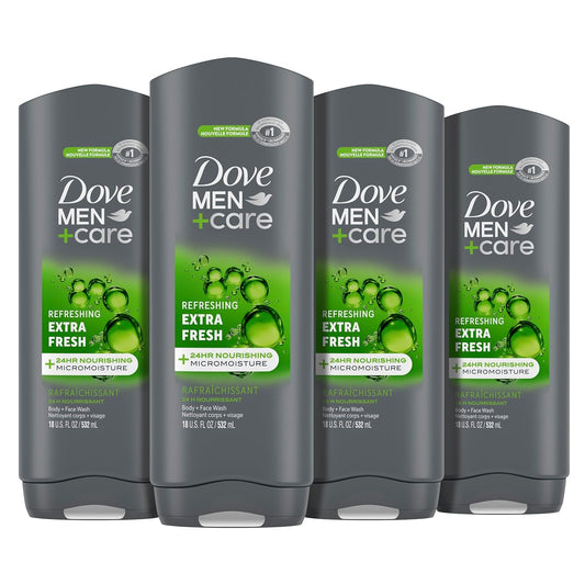 Dove Men+Care Body Wash Extra Fresh 4 Count for Men's Skin Care Body Wash Effectively Washes Away Bacteria While Nourishing Your Skin 18 oz
