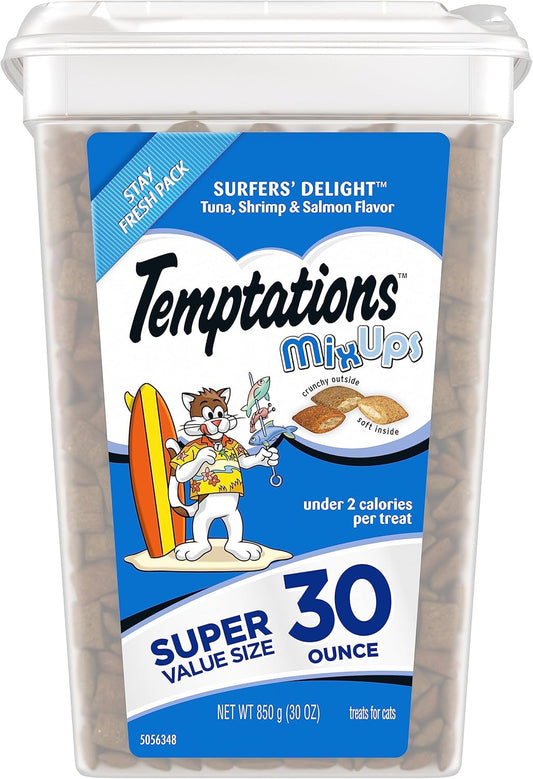 TEMPTATIONS MixUps Crunchy and Soft Cat Treats, Surfer's Delight Flavor, 30 oz. Tub (Packaging may vary)