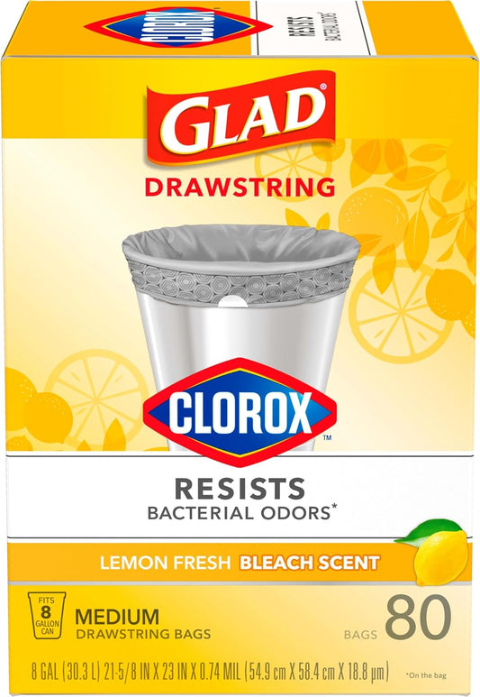 Glad Trash Bags, Medium Drawstring Garbage Bags with Clorox, 8 Gallon Grey Trash Bags, Lemon Fresh Bleach Scent, (Package May Vary), Lemon, 80 Count