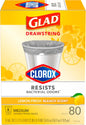 Glad Trash Bags, Medium Drawstring Garbage Bags with Clorox, 8 Gallon Grey Trash Bags, Lemon Fresh Bleach Scent, (Package May Vary), Lemon, 80 Count