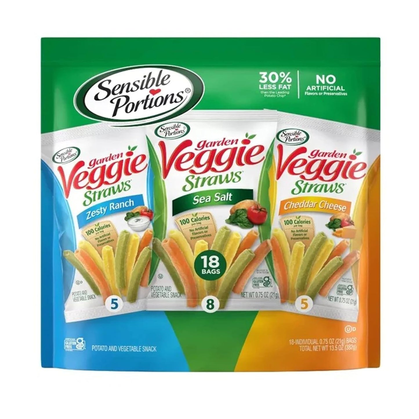 Sensible Portions Veggie Straws Multi-Pack, Sea Salt, Zesty Ranch, and Cheddar Cheese Flavor, Gluten-Free Chips, Individual Snacks, 0.75 Ounce Bag, 18-Pack
