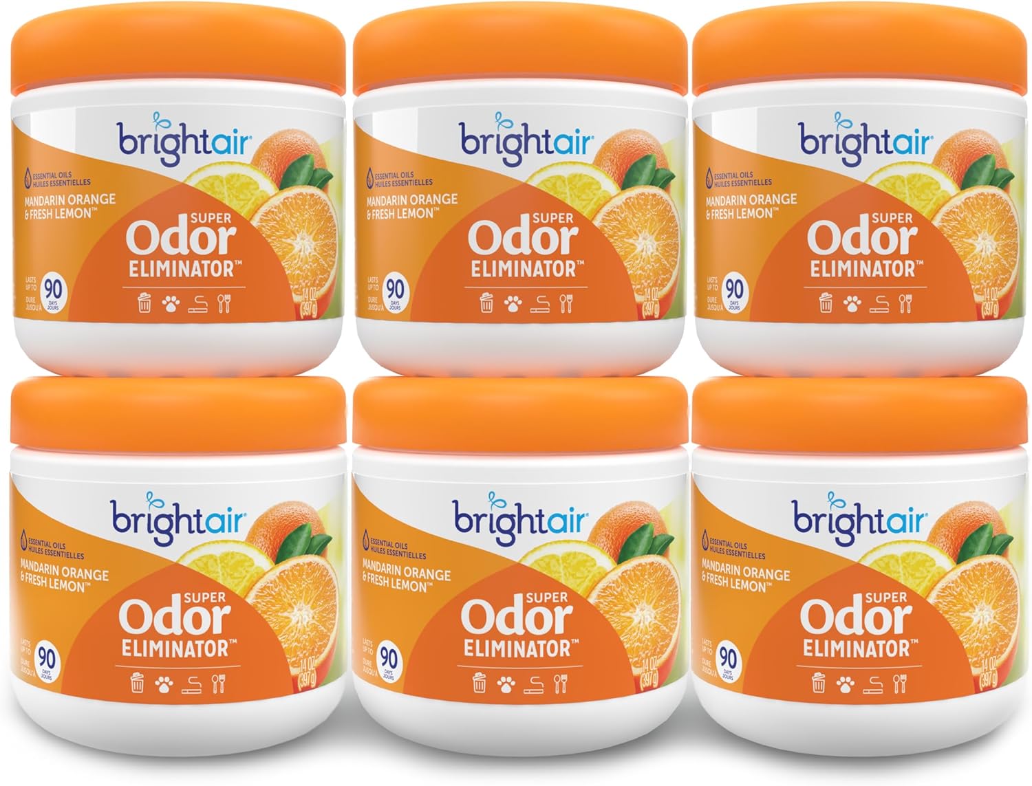 Bright Air 14 oz. Super Odor Eliminator, For Medium-Size Spaces, Mandarin Orange and Fresh Lemon Scent, Case of 6, Air Freshener, Natural Essential Oils,...