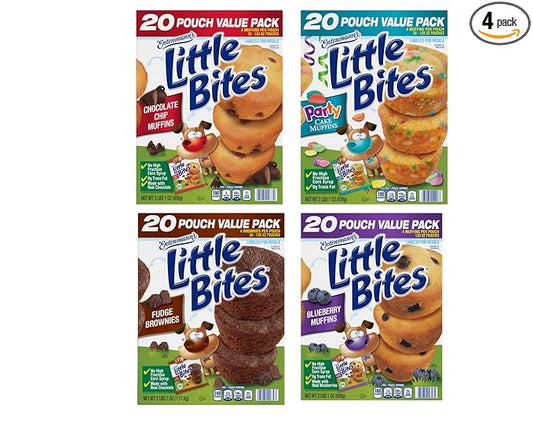 (4 pack) Little Bites Assorted Muffins, 80 individual packs, (20 ct each), Mini Muffins, 138 lbs Case Ð (20) Chocolate Chip, (20) Fudge, (20) Blueberry, (20) Party Cake