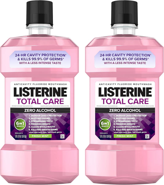 Listerine Total Care Zero Alcohol Anticavity Mouthwash, Bad Breath Treatment, Alcohol Free Mouthwash for Adults; Fresh Mint Flavor, 1 L (Pack of 2)