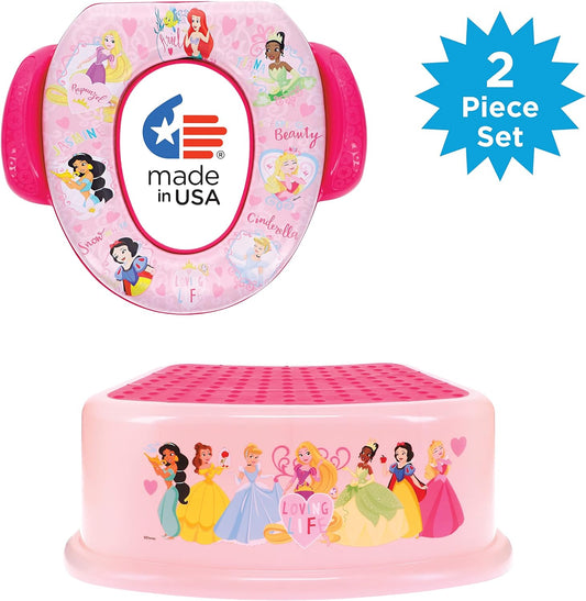 Disney Princess "Loving Life" 2 Piece Essential Potty Training Set - Soft Cushion, Baby Potty Training, Safe, Easy to Clean, Step Stool