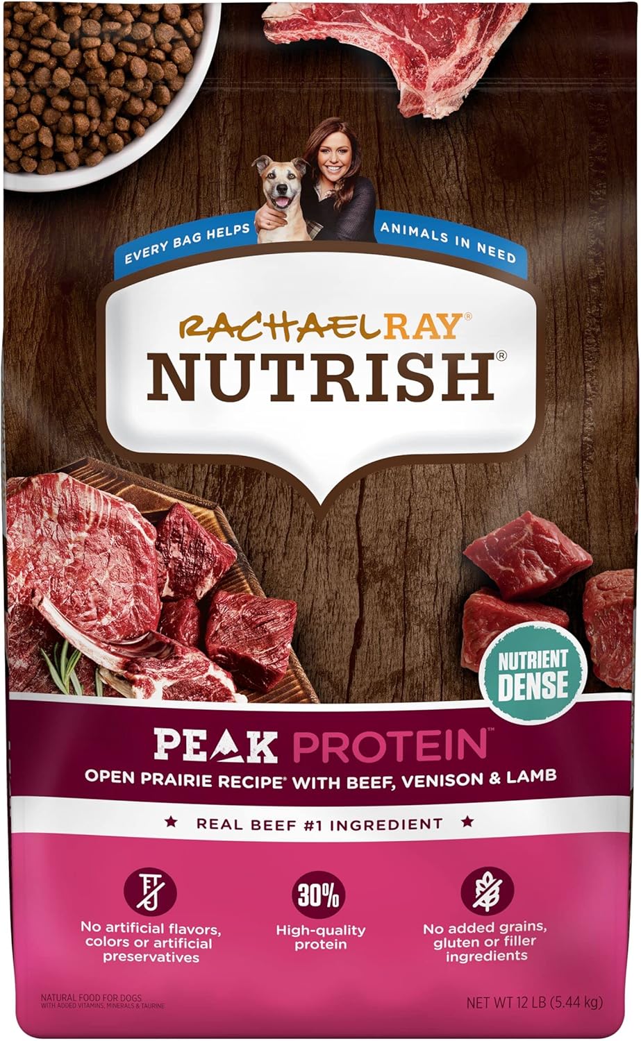 Rachael Ray Nutrish PEAK Natural Dry Dog Food with Added Vitamins, Minerals & Taurine, Open Prairie Recipe with Beef, Venison & Lamb, 12 Pounds,...