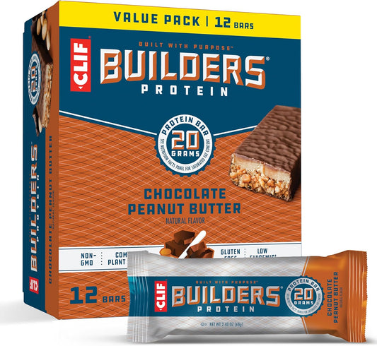 CLIF Builders - Chocolate Peanut Butter Flavor - Protein Bars - Gluten-Free - Non-GMO - Low Glycemic - 20g Protein - 2.4 oz. (12 Pack)