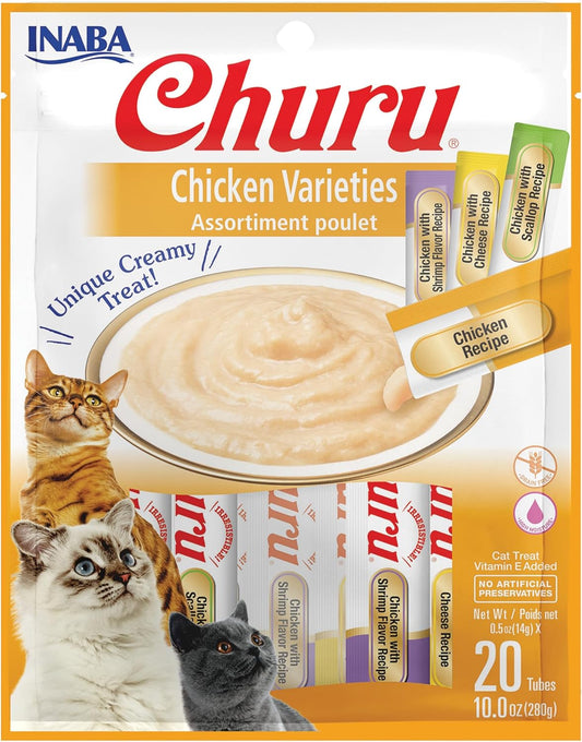 INABA Churu Cat Treats, Grain-Free, Lickable, Squeezable Creamy Purée Cat Treat/Topper with Vitamin E & Taurine, 0.5 Ounces Each Tube, 20 Tubes, Chicken...