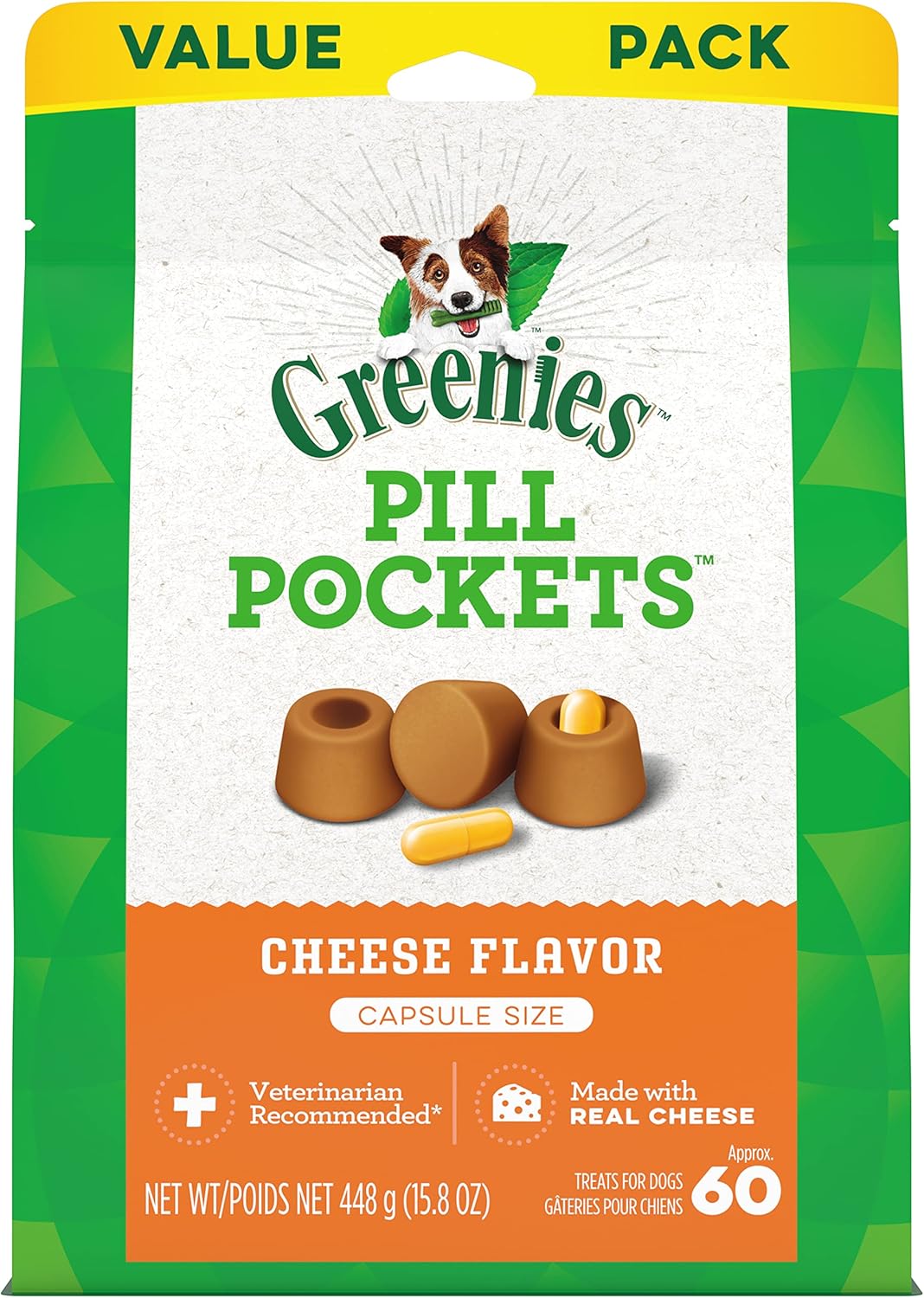 GREENIES PILL POCKETS for Dogs Capsule Size Natural Soft Dog Treats, Cheese Flavor, 15.8 oz. Pack (60 Treats)