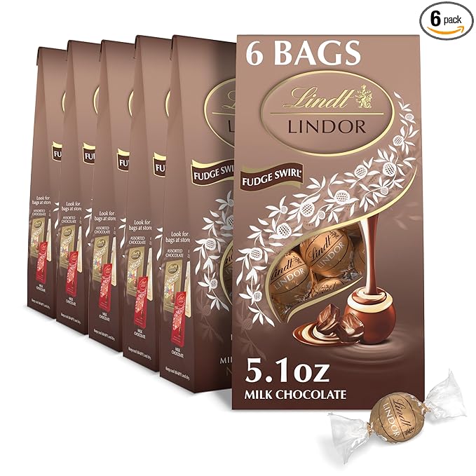 Lindt LINDOR Fudge Swirl Milk Chocolate Truffles, Milk Chocolate Candy with Smooth, Melting Truffle Center, Great for gift giving, 5.1 oz. Bag (6 Pack)