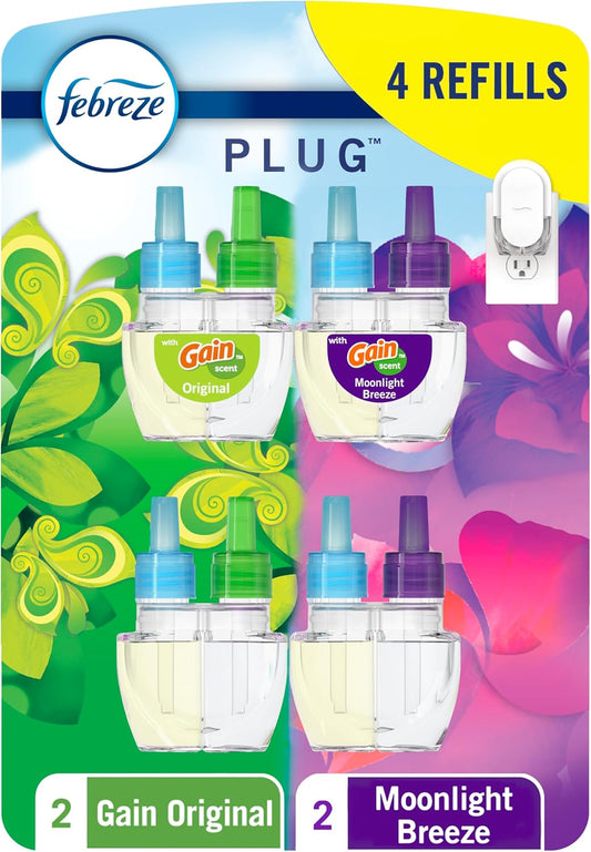 Febreze Odor-Fighting Fade Defy PLUG Air Freshener,Gain Moonlight Breeze, Gain Original, 87 fl. oz. Oil Refills, 4 Refills (2 of Each