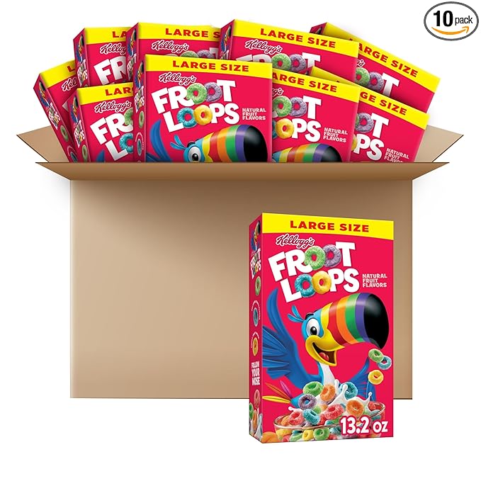 Kellogg's Froot Loops Breakfast Cereal, Fruit Flavored, Breakfast Snacks with Vitamin C, Large Size, Original, 8.2lb Case (10 Boxes)