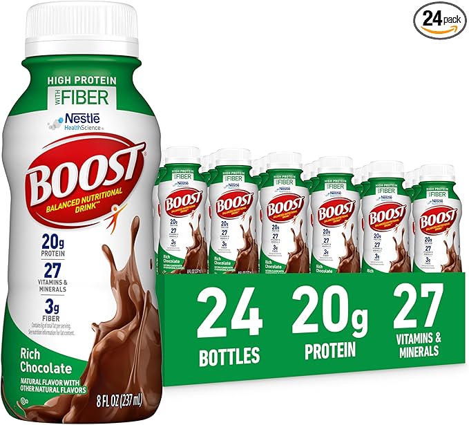 BOOST High Protein with Fiber Ready to Drink Complete Nutritional Drink, Rich Chocolate, 8 fl oz Bottle, 24 Pack