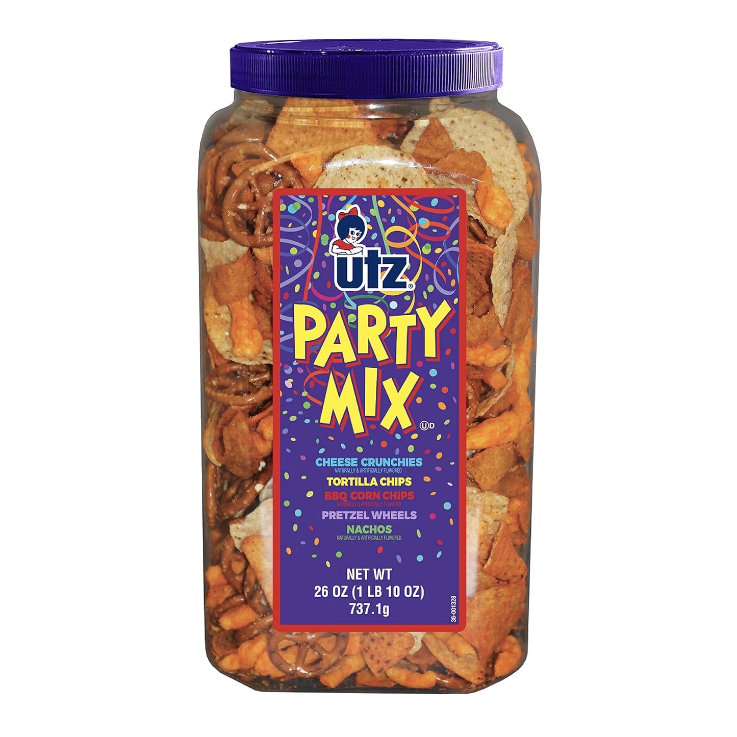 Utz Party Mix - 26 Ounce Barrel - Tasty Snack Mix Includes Corn/Nacho Tortillas, Pretzels, BBQ Corn Chips and Cheese Curls, Easy and Quick Party Snacks, Cholesterol Free and Trans-Fat Free