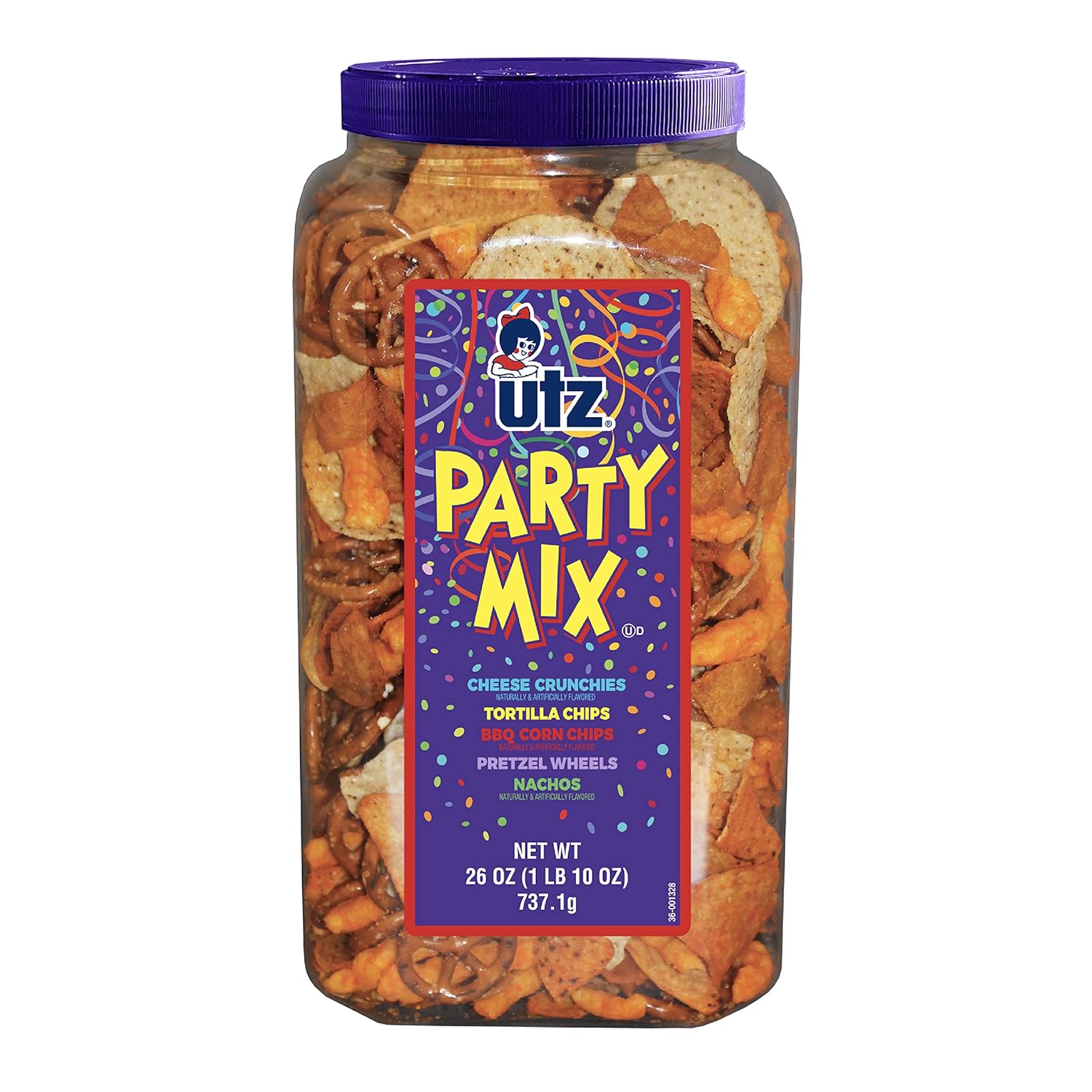 Utz Party Mix - 26 Ounce Barrel - Tasty Snack Mix Includes Corn/Nacho Tortillas, Pretzels, BBQ Corn Chips and Cheese Curls, Easy and Quick Party Snacks, Cholesterol Free and Trans-Fat Free