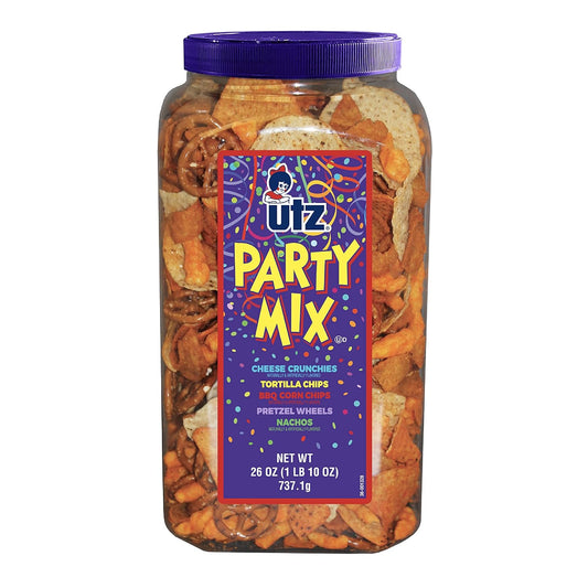 Utz Party Mix - 26 Ounce Barrel - Tasty Snack Mix Includes Corn/Nacho Tortillas, Pretzels, BBQ Corn Chips and Cheese Curls, Easy and Quick Party Snacks, Cholesterol Free and Trans-Fat Free