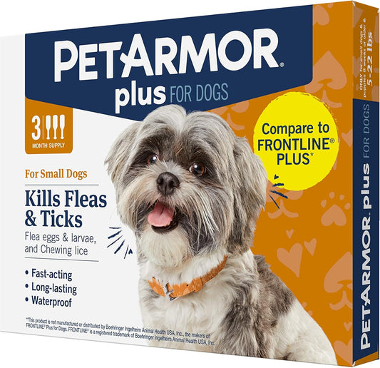 PetArmor Plus Flea and Tick Prevention for Dogs, Dog Flea and Tick Treatment, Waterproof Topical, Fast Acting, Small Dogs (5-22 lbs), 3 Doses (Pack of 1) 
