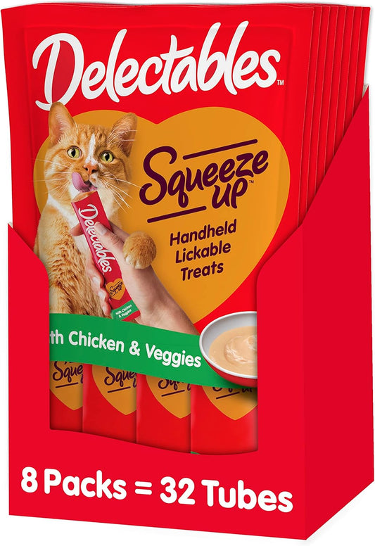 Hartz Delectables Squeeze Up Interactive Lickable Wet Cat Treats for Adult & Senior Cats, Chicken & Veggies, 4 Count (Pack of 8)