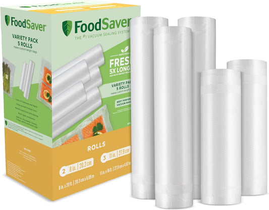 FoodSaver Vacuum Sealer Bags, Rolls for Custom Fit Airtight Food Storage and Sous Vide, 8" (2 Pack) and 11" (3 Pack) Multipack (Packaging May Vary),...