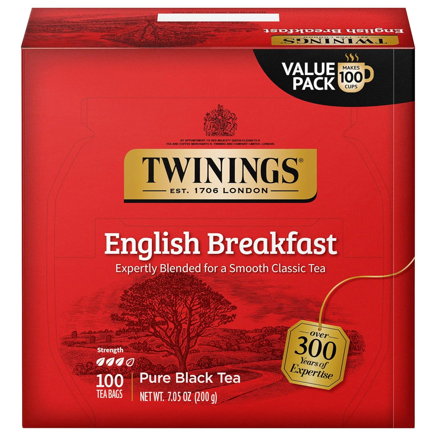 Twinings English Breakfast Black Tea, 100 Individually Wrapped Tea Bags, Smooth, Flavourful, Robust, Caffeinated, Enjoy Hot or Iced