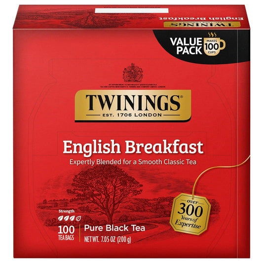 Twinings English Breakfast Black Tea, 100 Individually Wrapped Tea Bags, Smooth, Flavourful, Robust, Caffeinated, Enjoy Hot or Iced