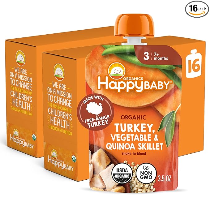 Happy Baby Organics Savory Blends Stage 3 Baby Food Puree, Free Range Turkey, Harvest Vegetables & Quinoa Skillet, 3.5 Ounce (Pack of 16)
