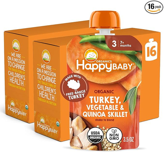 Happy Baby Organics Savory Blends Stage 3 Baby Food Puree, Free Range Turkey, Harvest Vegetables & Quinoa Skillet, 3.5 Ounce (Pack of 16)
