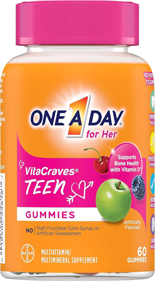 One A Day Teen for Her Multivitamin Gummies, Gummy Multivitamins with Vitamin A, C, D, E and Zinc for Immune Health Support, Physical Energy & more, 60 Count