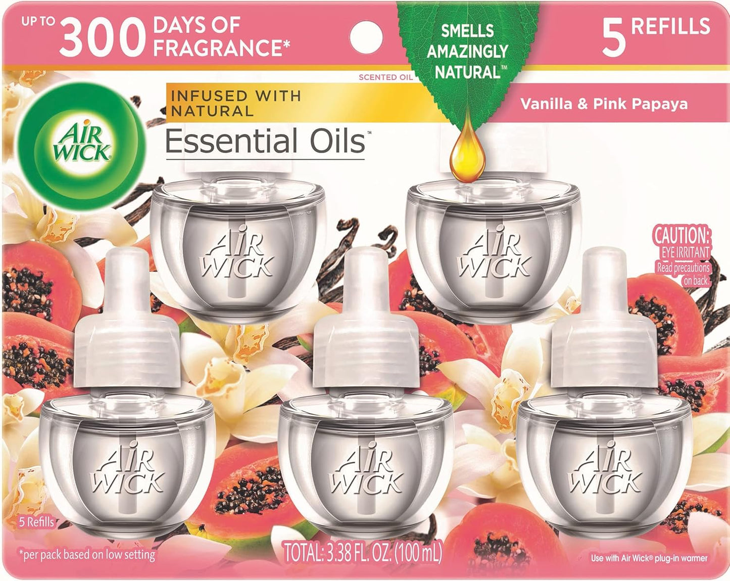 Air Wick Plug in Scented Oil Refill, 5ct, Vanilla and Pink Papaya, Air Freshener, Essential Oils