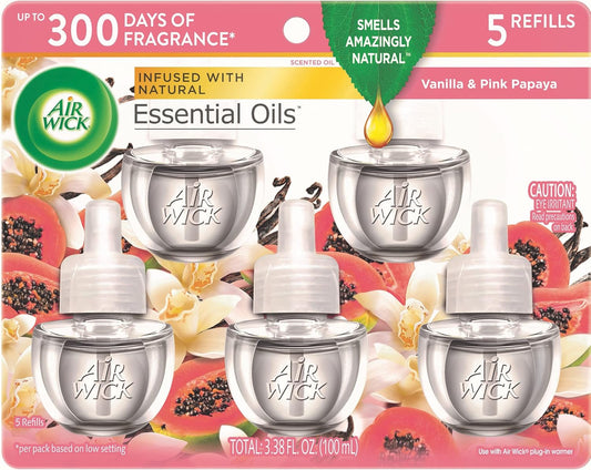 Air Wick Plug in Scented Oil Refill, 5ct, Vanilla and Pink Papaya, Air Freshener, Essential Oils