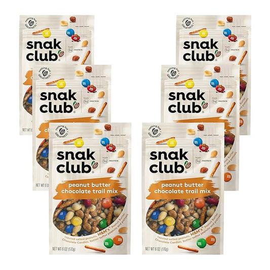 Snak Club Peanut Butter Chocolate Trail Mix with Peanuts, Peanut Butter M&MÕS, Toffee Peanuts, and Pretzels, 6 oz Per Bag, 6 Resealable Bags