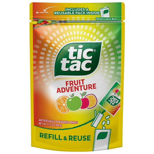 Tic Tac Resealable Refill Bag, Bulk 17.2 Oz, Fruit Adventure Mints, On-The-Go Refreshment, Includes Empty Refillable Pack